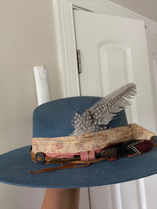 Stampede Hats Blue Wool Felt Fedora Small Custom Decorated Boho Western main image 4